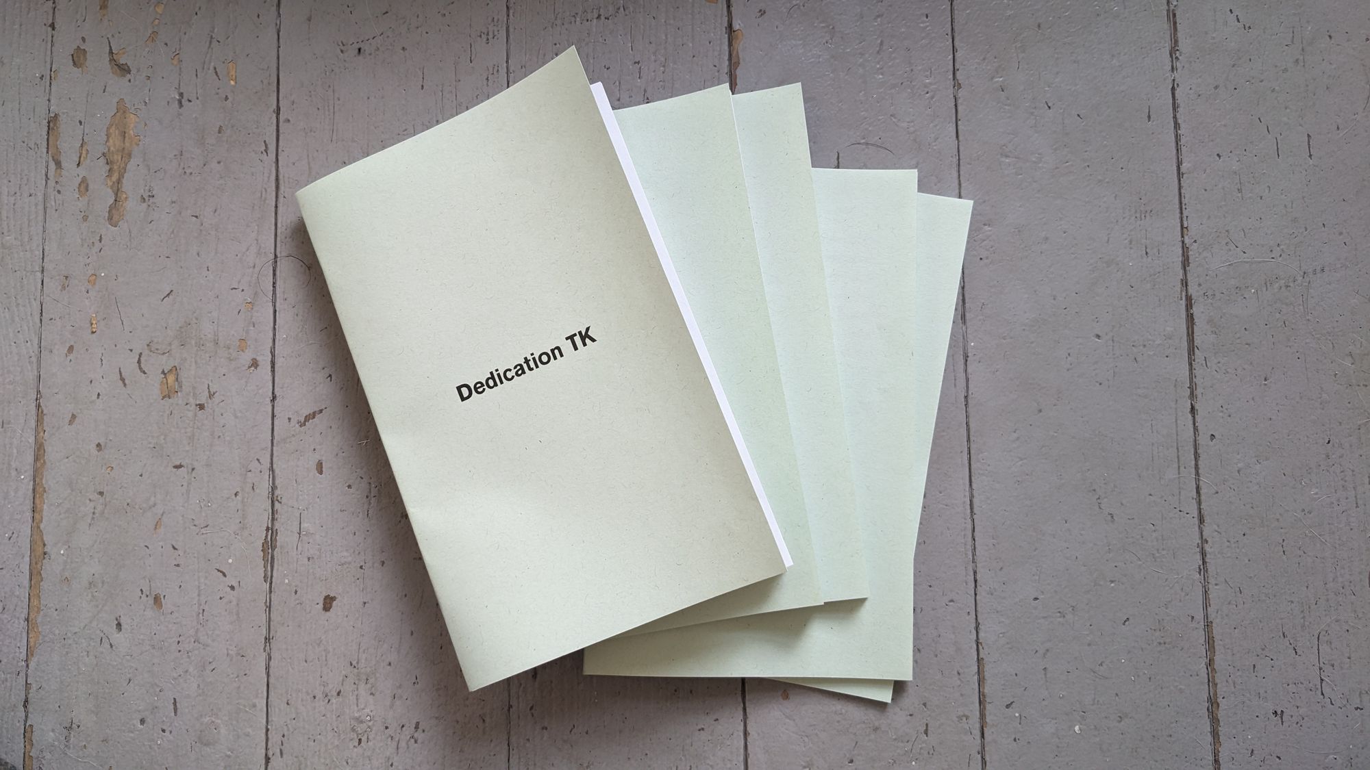 Five copies of a half-letter zine with a light green cover against gray floorboards.